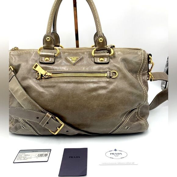Auth PRADA Vitello Shine Bauletto Leather Tote Bag in Pomice Preloved Very Good - Picture 2 of 15